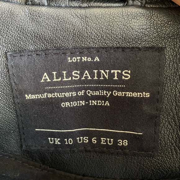 AllSaints black leather jacket. Fully lined, front zip, buckle and snap details. - Picture 6 of 11